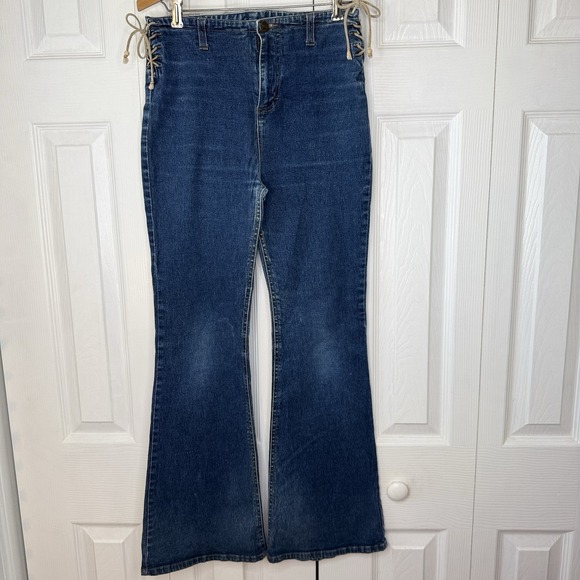 Mudd Denim - Vtg‎ Y2K Mudd Lace Up Side Flare Jeans Size 16 Blue Dark Wash Boho Festival Bell